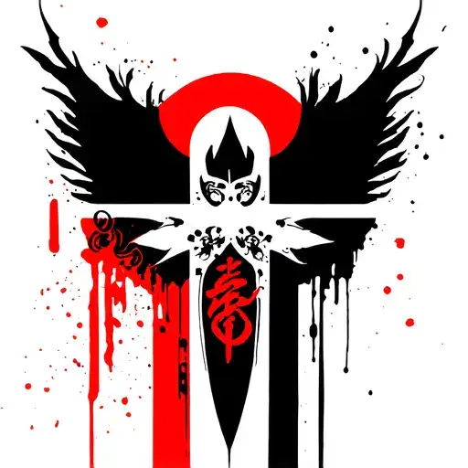 Trash polka art cross of god tattoo design idea