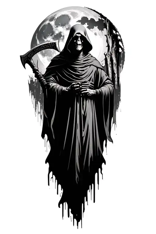 cyber sigilism grim reaper looking at the moon from the woods holding a scythe tattoo design idea