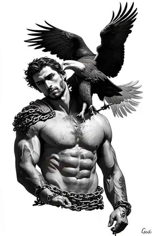 A man chained on his wrists, with an eagle on his shoulder spreading its wings, roman theme tattoo design idea