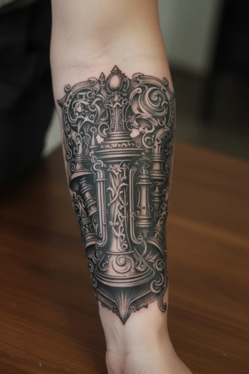 A trumpet intertwined with king chess piece tattoo design idea