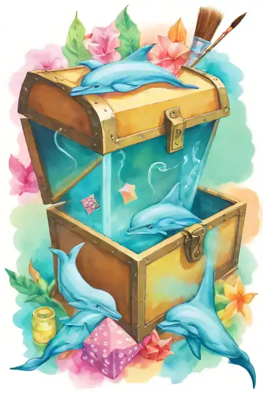 treasure chest smoking with ideas: Dolphins, D&D dice, paintbrushes tattoo design idea