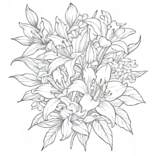 bouquet of  honeysuckles, daffodils, water lilies, and gladiolus  tattoo design idea