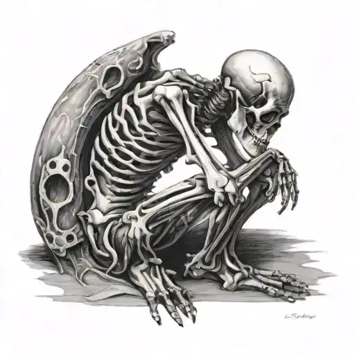 side profile of a skeleton on its knees praying to god tattoo design idea
