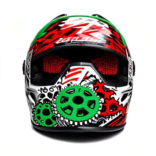 a motocross helmet with Number of gears in red and green tattoo design idea