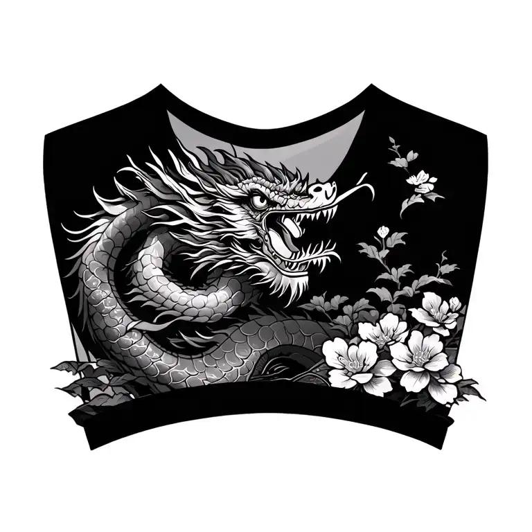 Japanese Chest Piece with Dragon, Pagoda, Cherry Blossoms, and Samurai tattoo design idea