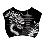 Japanese Chest Piece with Dragon, Pagoda, Cherry Blossoms, and Samurai tattoo design idea