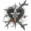 upside down cross, bloody thorns. bleeding human heart. veins, antichrist. satanic pentagram. Satan. tattoo design idea