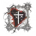 upside down cross, bloody thorns. bleeding human heart. veins, antichrist. satanic pentagram. Satan. tattoo design idea