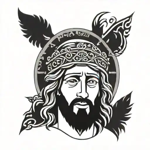 A stylized portrait of Jesus with a halo, surrounded by intricate Russian Orthodox patterns tattoo design idea