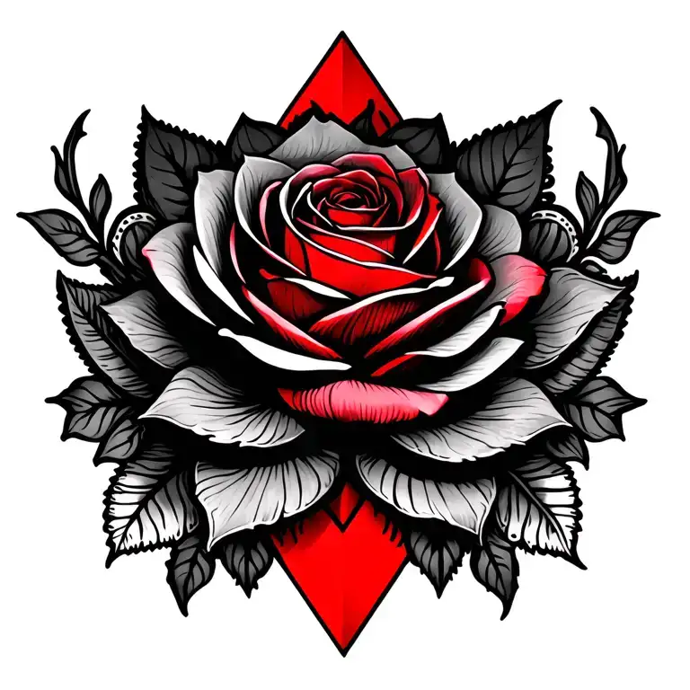 red rose on shoulder, black rose on shoulder, lotus in centre, red diamond, lace and shading around  tattoo design idea