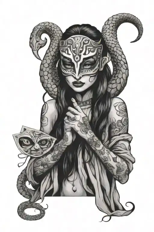 a sad girl holding a happy mask, cards and big cobra tattoo design idea