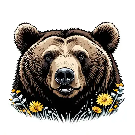 grizzly bear Forrest wild flowers blooming tattoo design idea