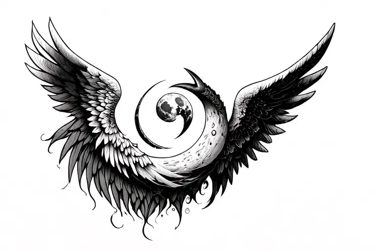 Moon, Angel Wing and Devil tattoo design idea