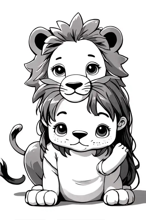  cute toddler girl hiding behind a peaceful but protective lion, symbolizing safety and security.  tattoo design idea