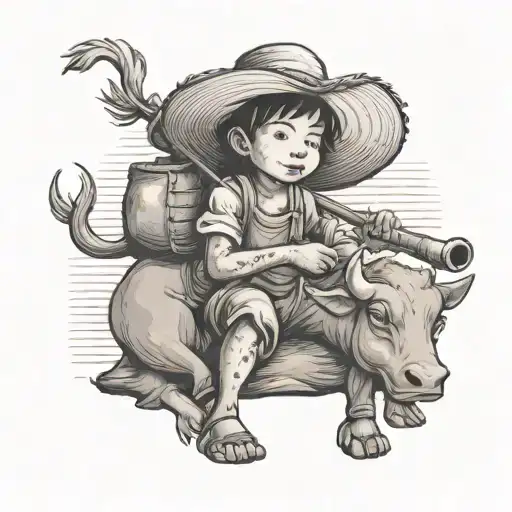 Straw hat kid farmer playing flute sitting on water buffalo tattoo design idea