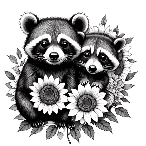baby bear and baby racoon  in sunflowers and roses tattoo design idea
