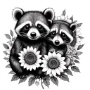 baby bear and baby racoon  in sunflowers and roses tattoo design idea
