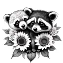 baby bear and baby racoon  in sunflowers and roses tattoo design idea