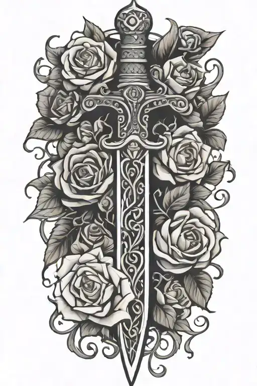 tribal dagger covered with vines and roses and wrapped tightly tattoo design idea
