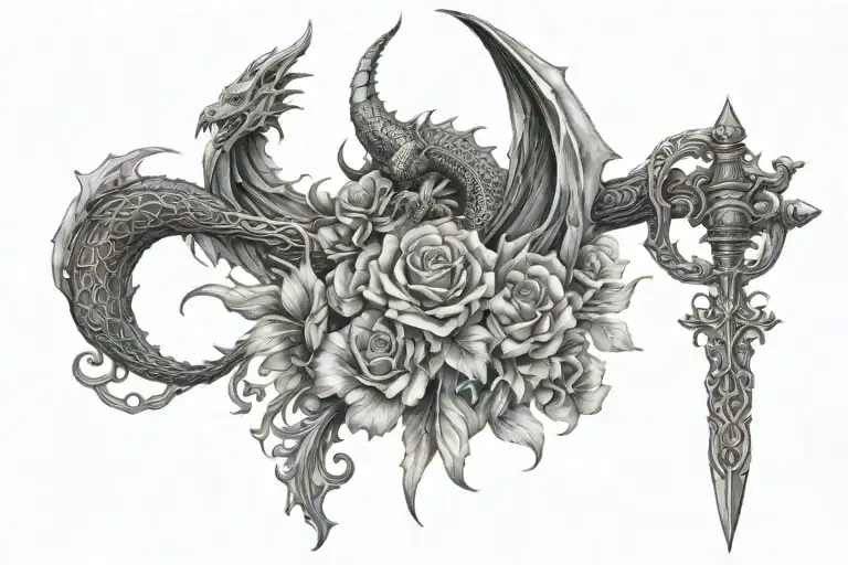 dragon book a sword with floral design tattoo design idea