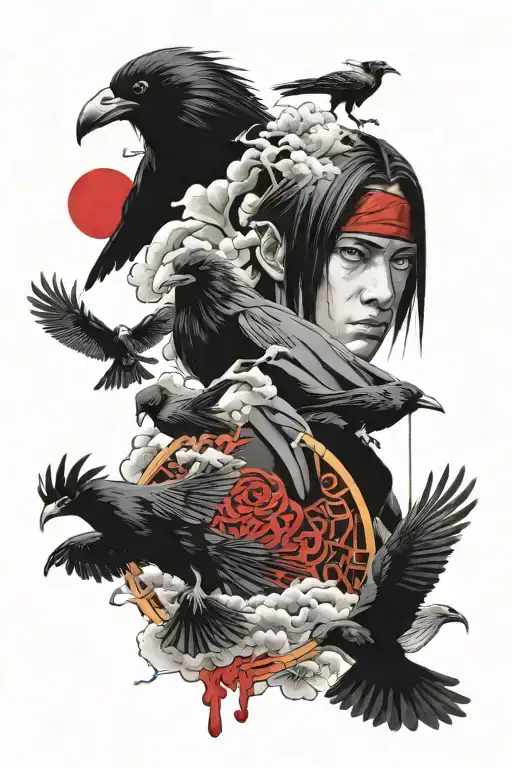 Uchiha itachi Eyes along with a crow and akatsuki red cloud tattoo design idea