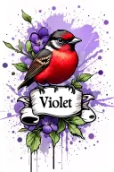 wren bird on a violet and a banner with the name violet in it tattoo design idea