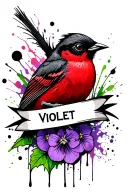 wren bird on a violet and a banner with the name violet in it tattoo design idea