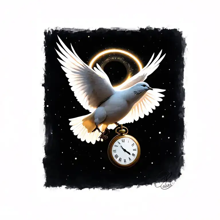 Dove which flies towards Halo of Light by holding a pocket watch in its legs tattoo design idea