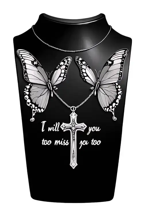 "I will miss you too" butterflies, text 'I will miss you too', cross necklace tattoo design idea