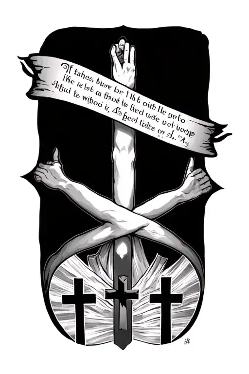 forearm tattoo with three crosses at the bottom and on the forearm the verse psalms 56:4 from the bible tattoo design idea
