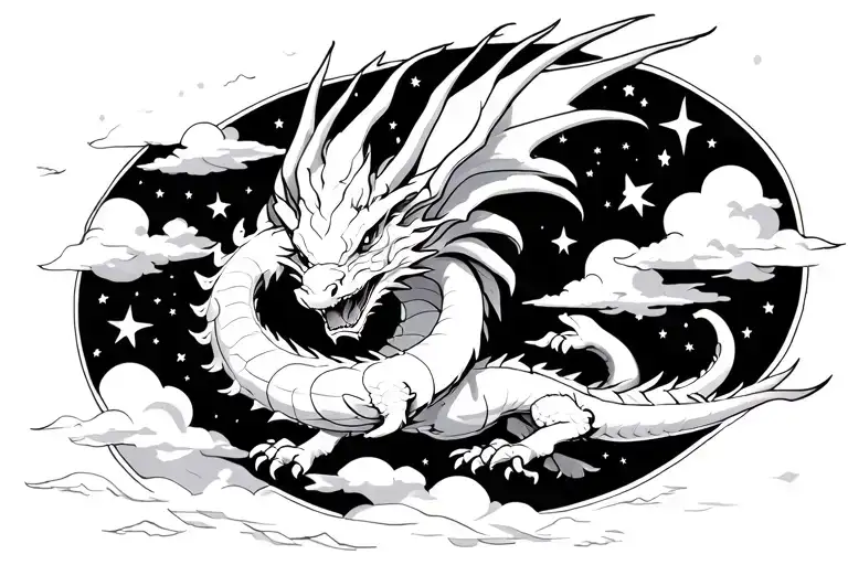 white dragon flying in the sky filled with stars and clouds tattoo design idea