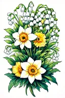 lily of the valley, daffodil, chrysanthemum, aster, and poppy flower tattoo design idea