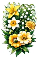 lily of the valley, daffodil, chrysanthemum, aster, and poppy flower tattoo design idea