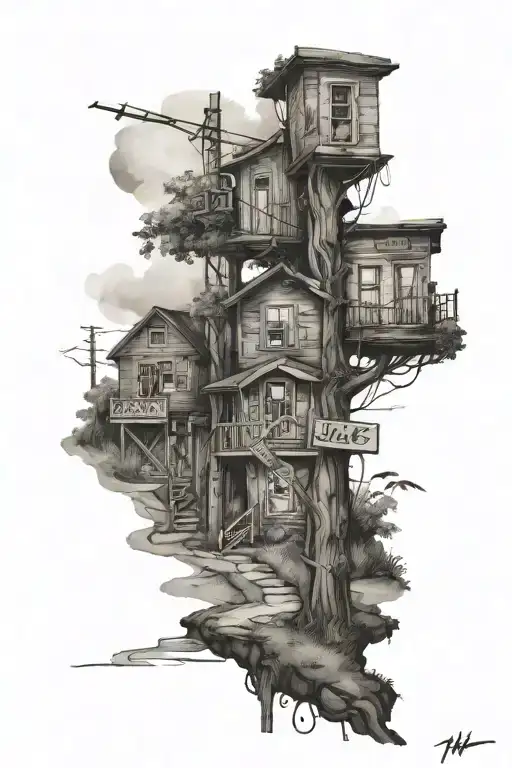 Incorporate the street signs of Jane St and Finch Av West into a dreamy landscape tattoo, symbolizing the client's roots and dreams tattoo design idea