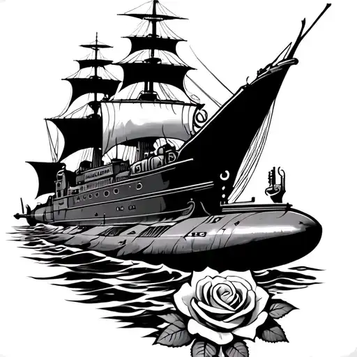 compas rose tattoo with modern french navy ship sailing and french submarine  tattoo design idea