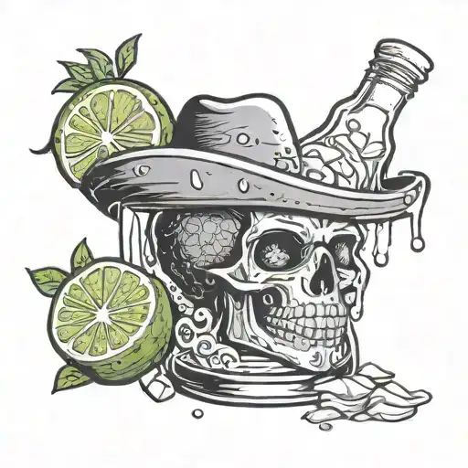 ANTROPOMORPHIC TEQUILA SHOT POURING SALT AND LIME IN HIM tattoo design idea