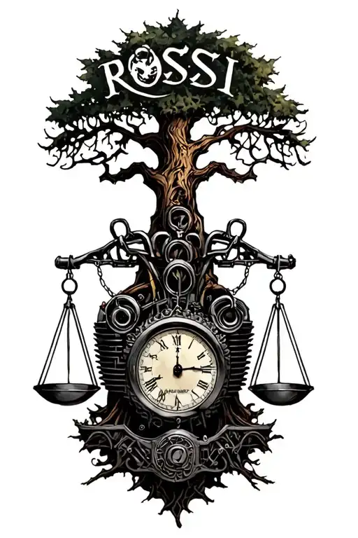 "Rossi " "Rossi " "Rossi " harley knuckleheads engine, tree of life, libra scales, time intertwined tattoo design idea