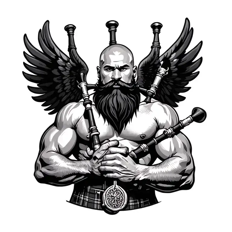 handsome scottish bagpiper bald black beard  muscular wearing pipes in arm big black wings shirtless tattoo tattoo design idea