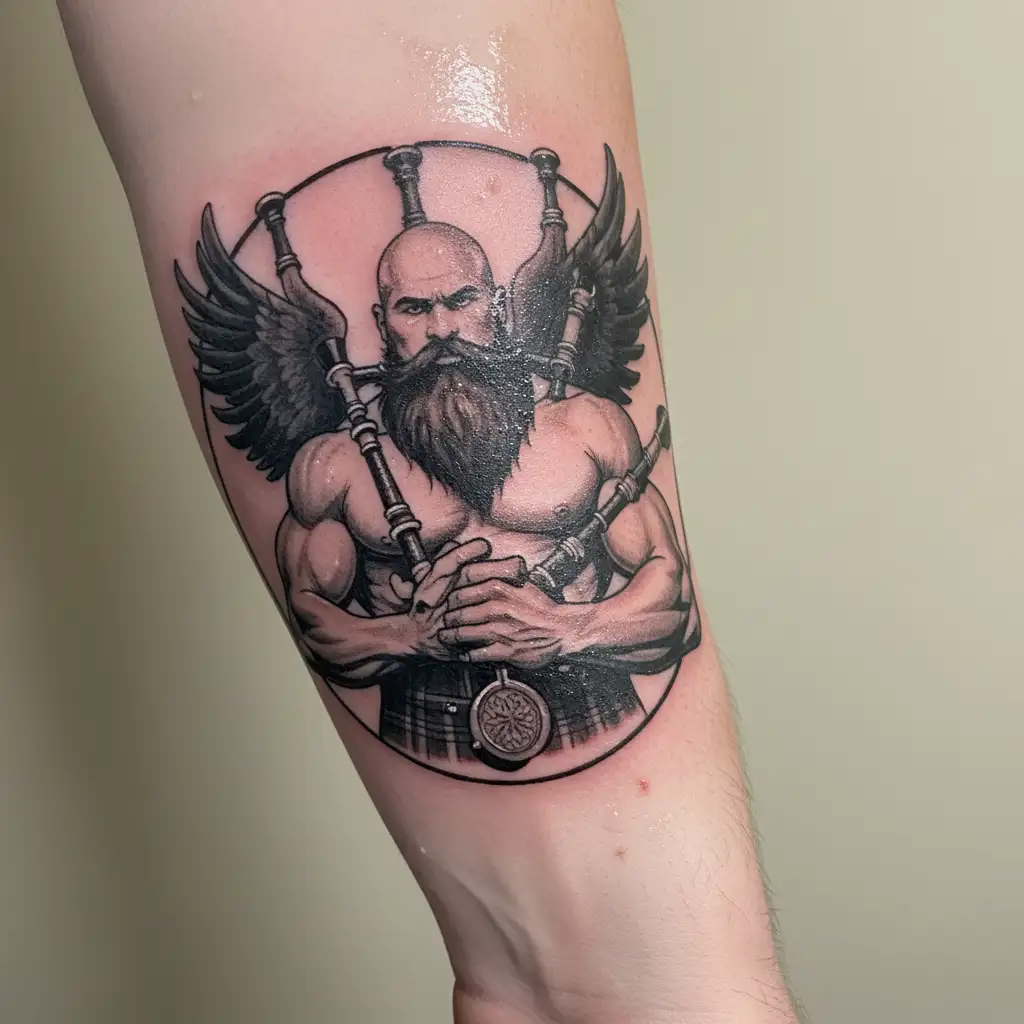 handsome scottish bagpiper bald black beard  muscular wearing pipes in arm big black wings shirtless tattoo tattoo design idea
