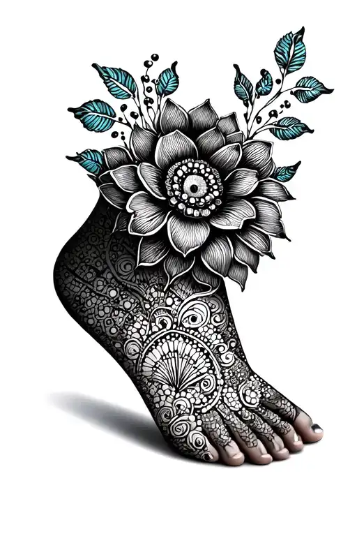 henna style ankle tattoo with bobinsana flower tattoo design idea