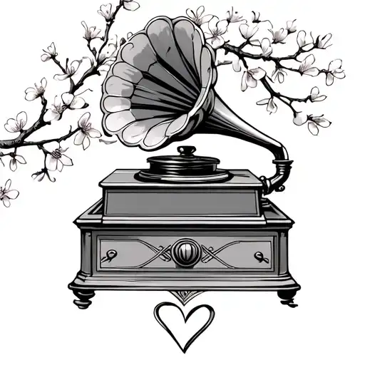 old gramophone player with hearts and cherry blossom tattoo design idea