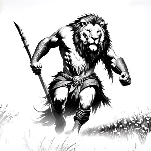 Viking berserker charging through a field of burning Heather wearing a lions skin and head tattoo design idea