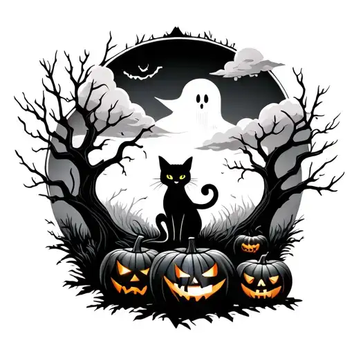 spooky Halloween themed, ghosts, trees, mist and clouds, a black cat silhouette and carved pumpkins tattoo design idea