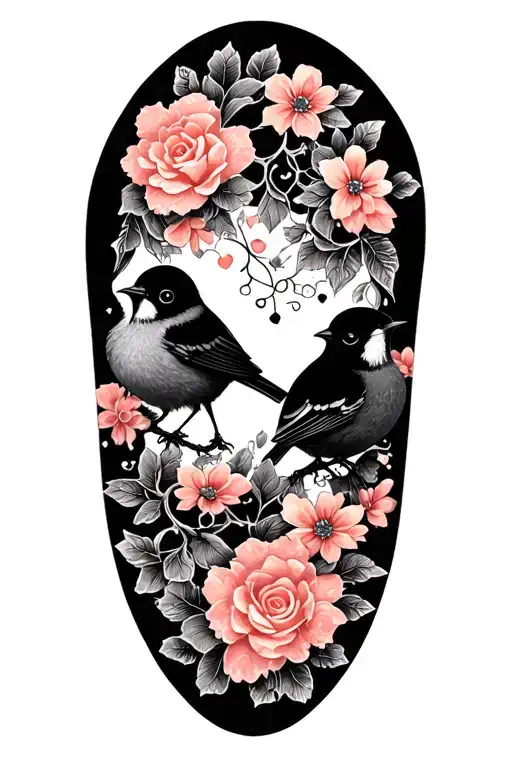 cute small birds with floral lace in background tattoo design idea