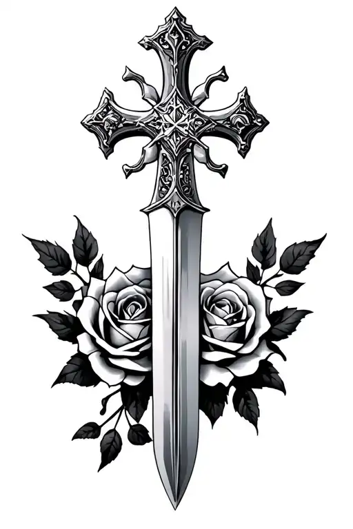 templar tattoo with sword, cross and roses tattoo design idea