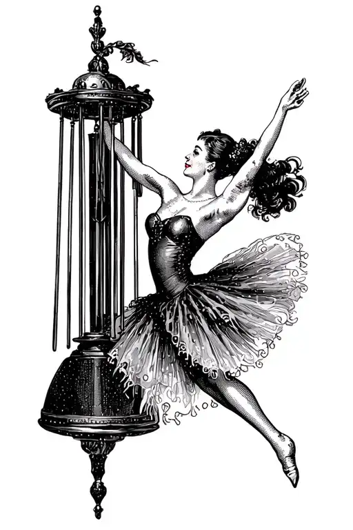 vintage carillon with pole dancer in the ballerina pose tattoo design idea