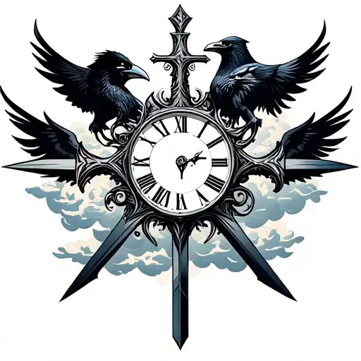 cross with clock,clouds,ravens, and sword embedded tattoo design idea