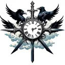 cross with clock,clouds,ravens, and sword embedded tattoo design idea