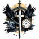 cross with clock,clouds,ravens, and sword embedded tattoo design idea