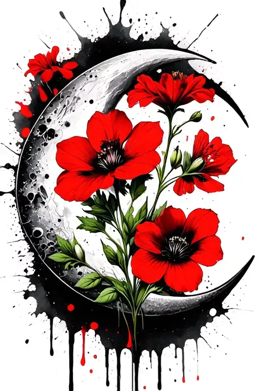 evening primrose, campanula, and balsam in the shape of a crescent moon tattoo design idea